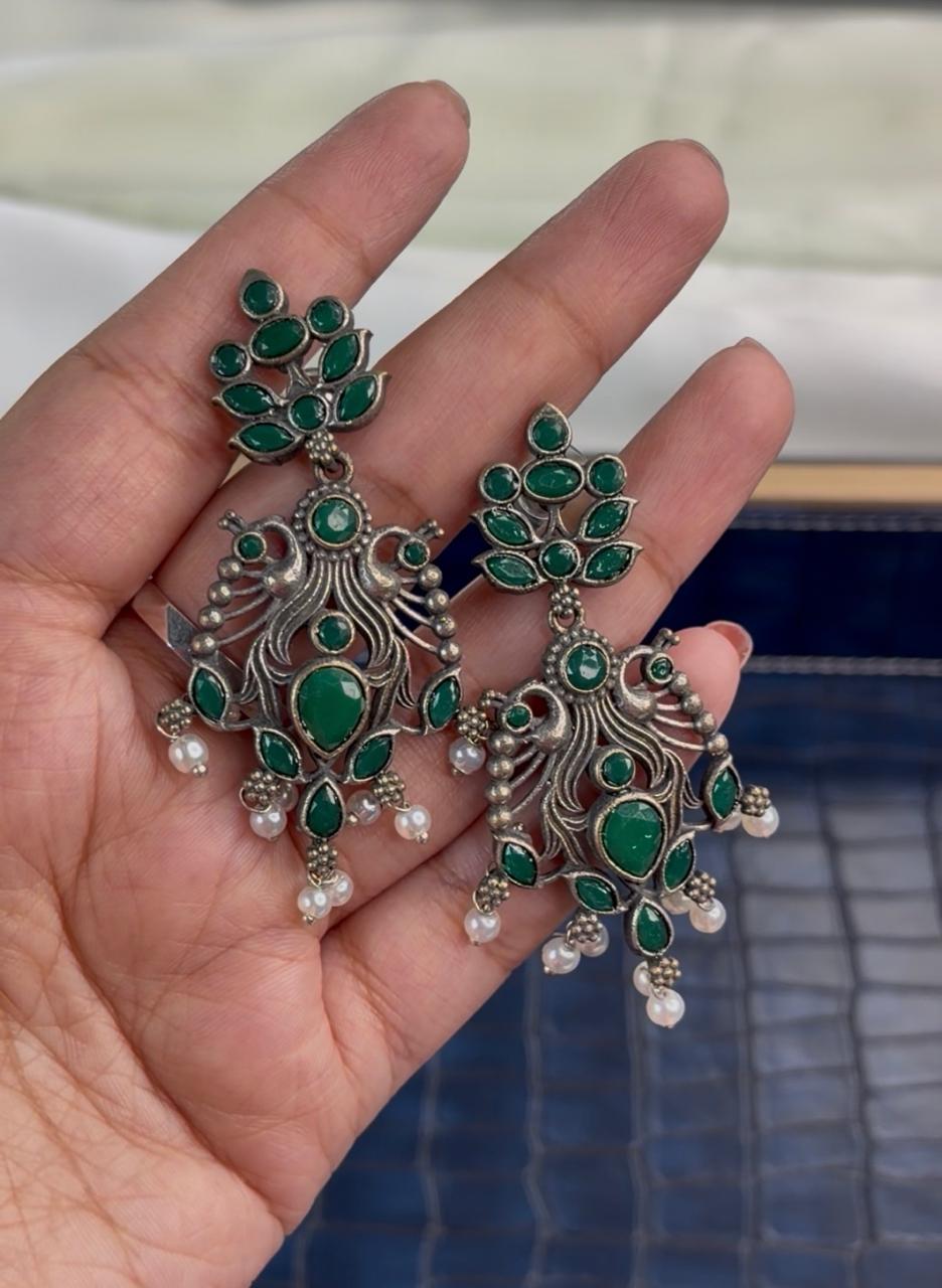 Oxidized Silver Peacock Drop Earrings | Antique Tribal Statement Dangles with Gemstone Accents | Pearl Hanging Ethnic Jewelry - Image 2