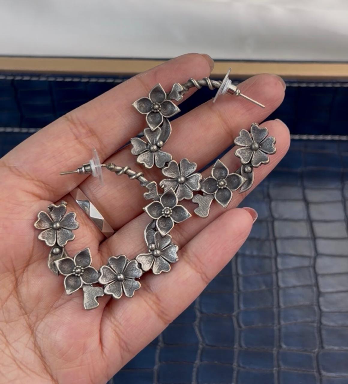 Oxidized Silver Floral Hoop Earrings | Antique Flower Vine Jhumka Hoops | Boho Tribal Statement Earrings - Image 2