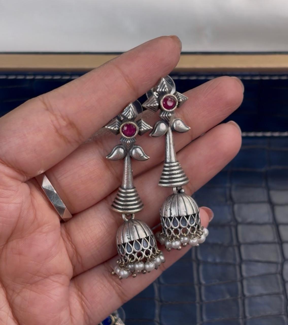 Oxidized Silver Sunburst Jhumka Earrings | Antique Tribal Floral Drops | Boho Ethnic Statement Bell Earrings - Image 2
