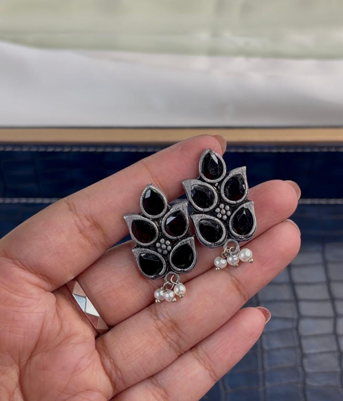 Oxidized Silver Floral Cluster Earrings | Antique Tribal Studs with Black Stones & Pearl Drops | Boho Ethnic Statement Jewelry - Image 2