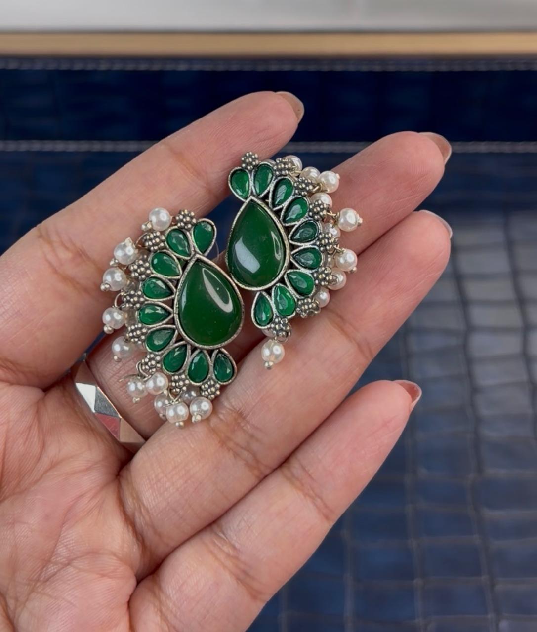 Oxidized Silver Green Stone Stud Earrings | Antique Emerald Teardrop Chandbali Studs | Tribal Pearl Drop Ethnic Jewelry - Image 2