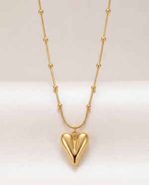 3D Puffy Heart Pendant Necklace in Polished Gold – Elegant Snake Chain with Gold Beads